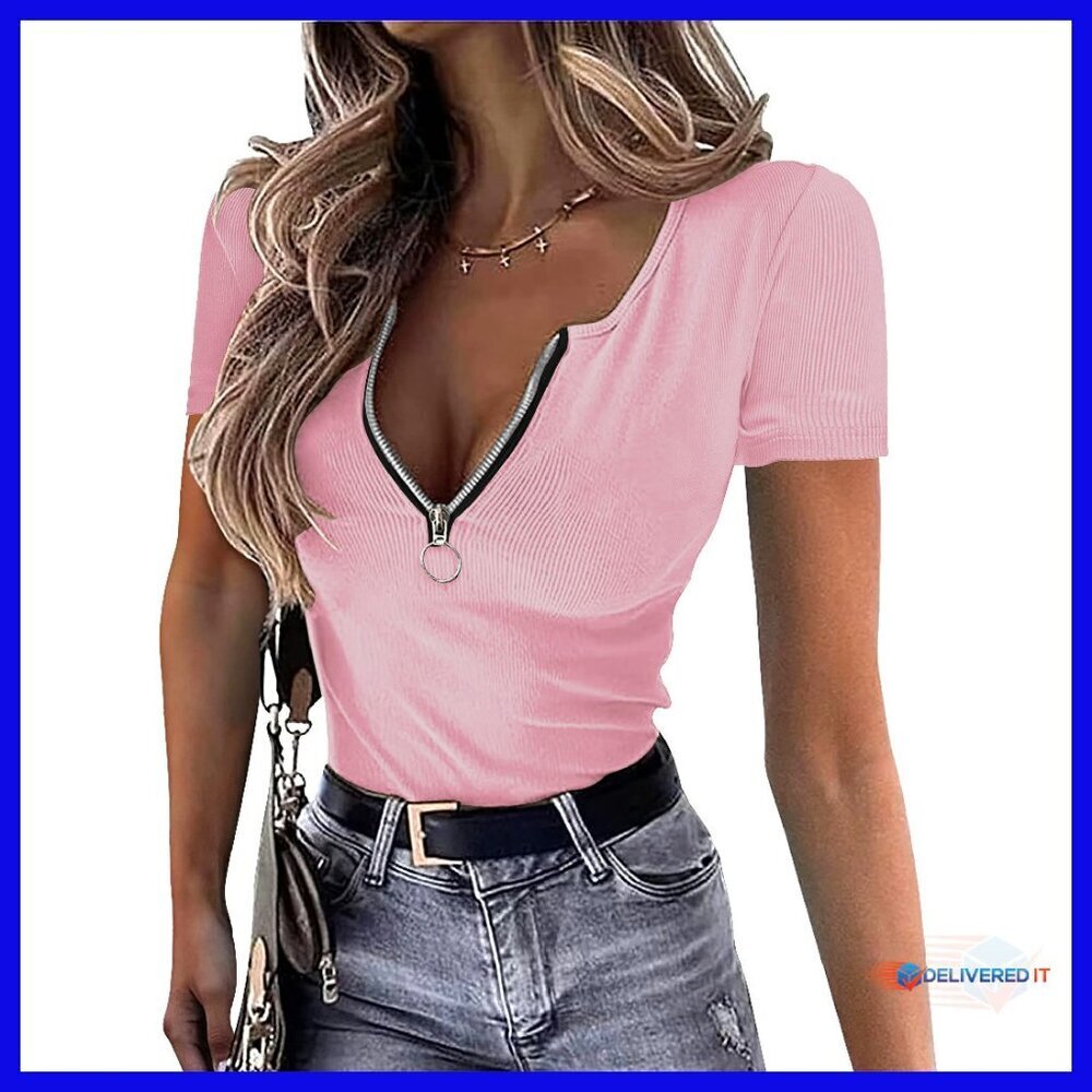 Slim Fit V Neck Zip Up Ribbed Knit Top Short Sleeve Blouse